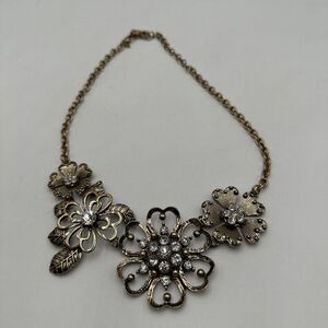 Premier Designs "Lavish Blooms" Antique Gold Statement Necklace w Clear Crystals